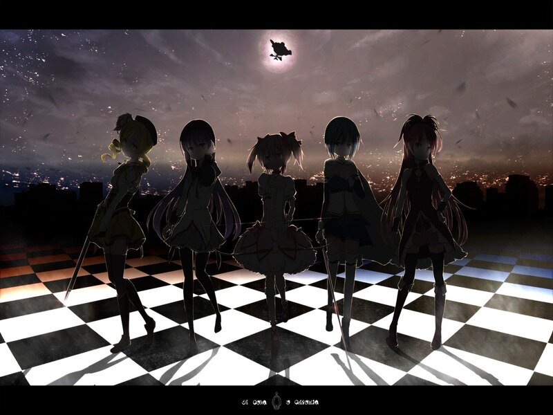 Five Anime Girls on Chessboard — Black, Dramatic