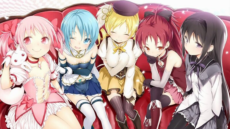 Five Anime Girls on Couch — Red, Cheerful, Costumes