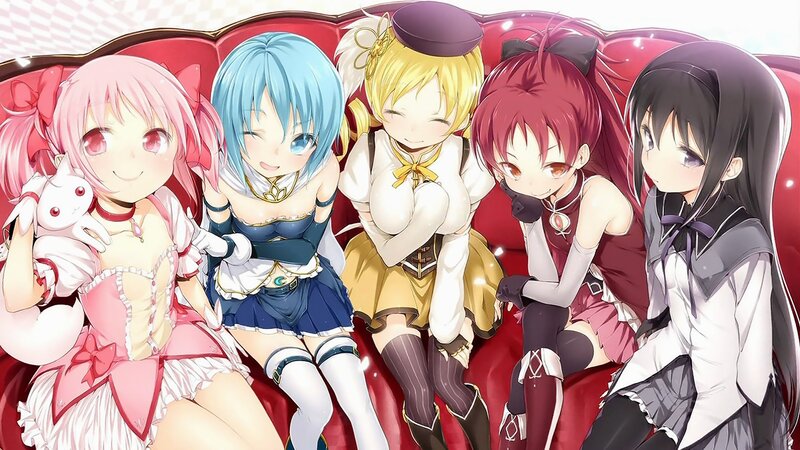 Five Anime Girls on Couch — Red, Cheerful