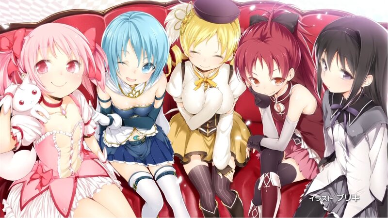 Five Anime Girls on Couch — Red, Happy
