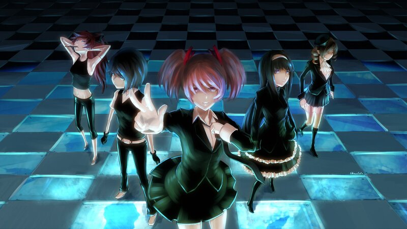 Five Anime Girls on Stage — Black, Dramatic