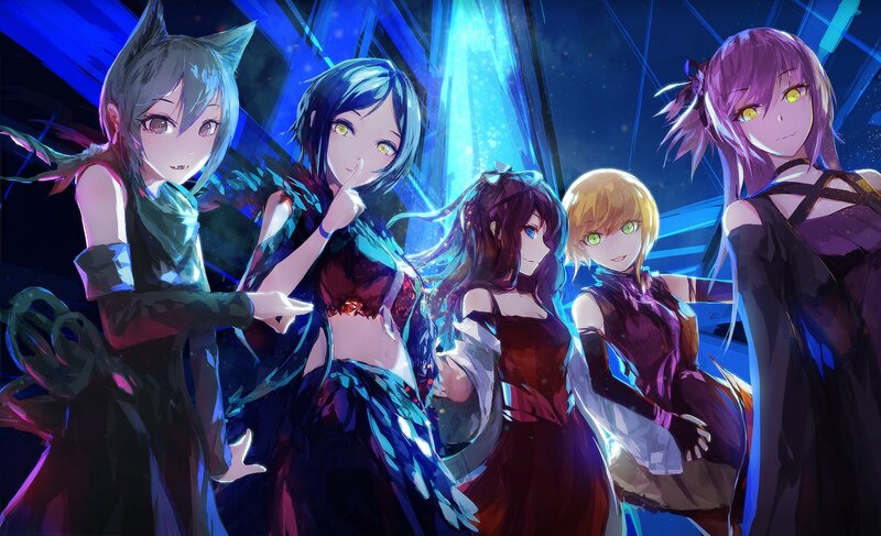 Five Anime Girls on Stage — Blue, Dramatic, Night