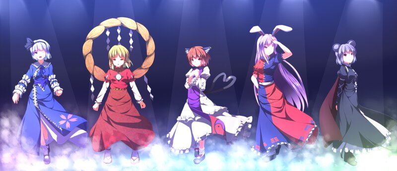 Five Anime Girls on Stage — Blue, Dramatic