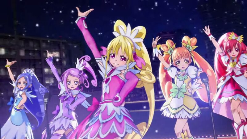 Five Anime Girls on Stage — Pink, Energetic, Night