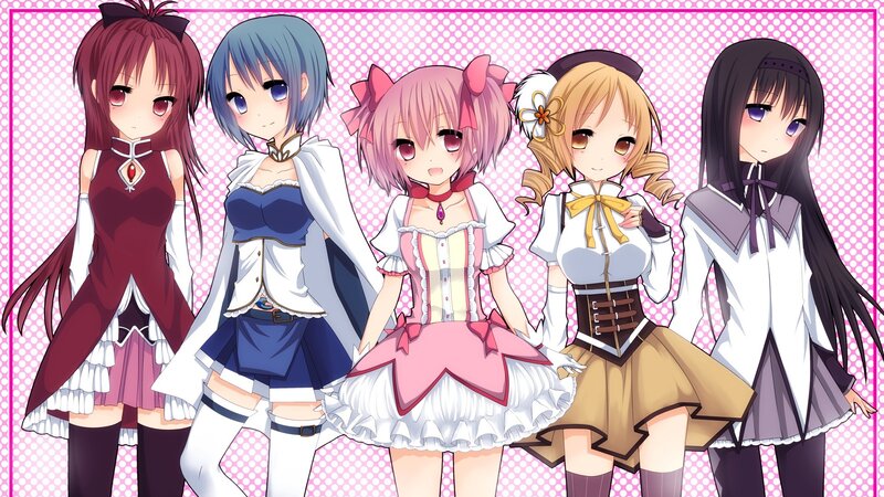 Five Anime Girls — Pink, Playful, Dresses, Bows, Long Hair
