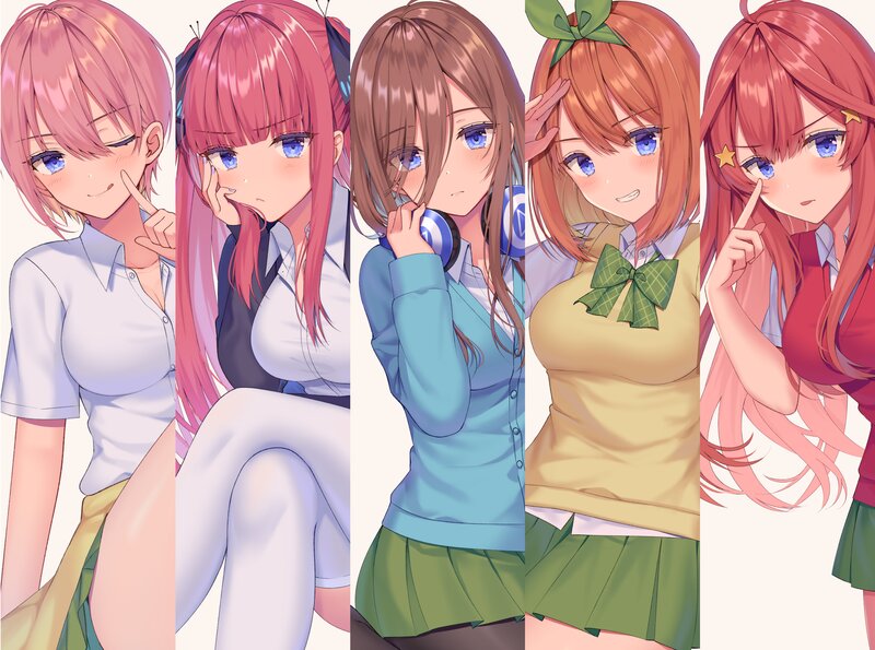 Five Anime Girls — Pink, Playful, School Uniform, Headphones