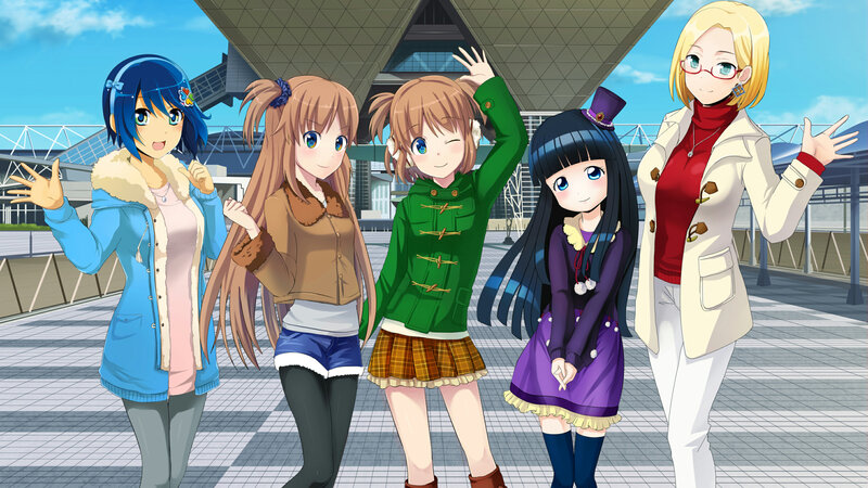 Five Anime Girls Posing — Blue, Cheerful, Afternoon