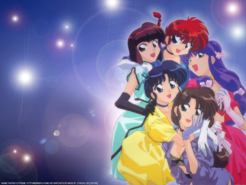 Five Anime Girls Posing — Blue, Playful, Night