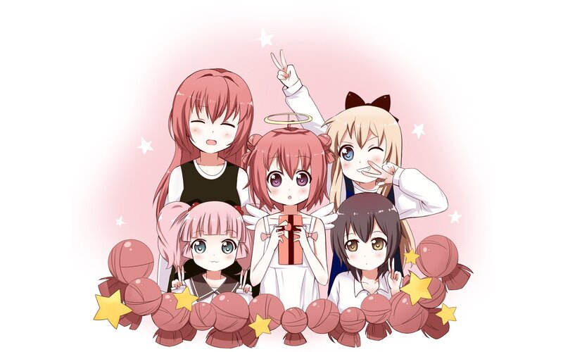 Five Anime Girls Posing — Pink, Cheerful, Stars