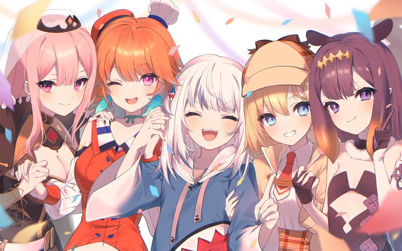 Five Anime Girls Posing — Pink, Joyful