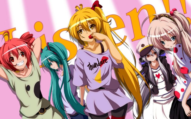 Five Anime Girls Posing — Pink, Playful, Anime Characters