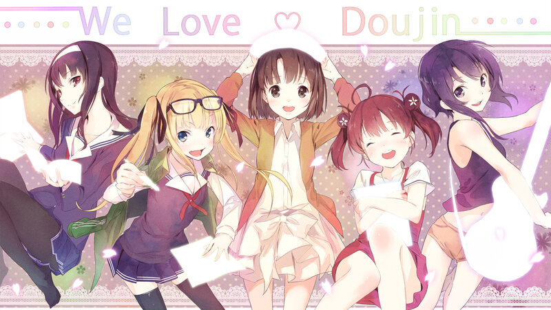 Five Anime Girls Posing — Purple, Cheerful