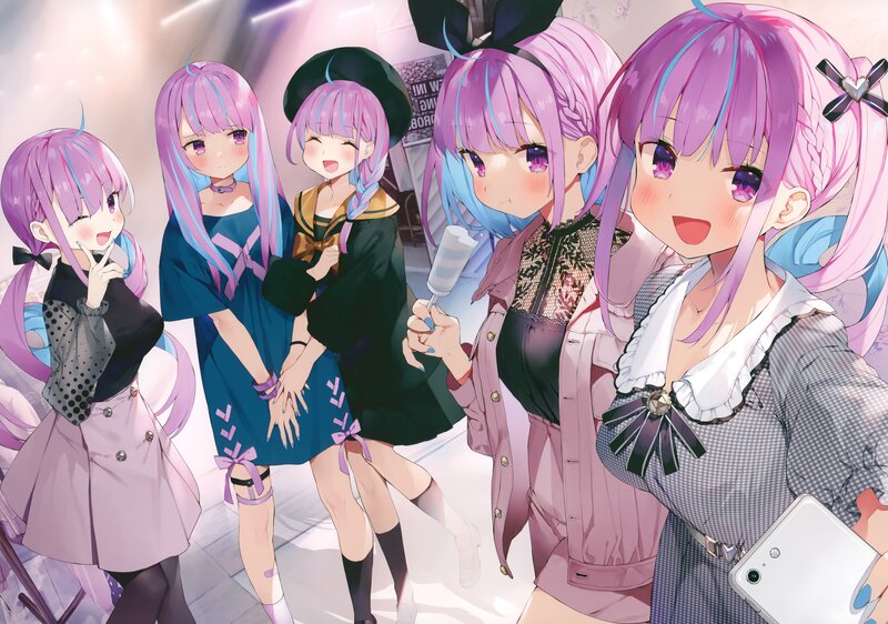 Five Anime Girls Posing — Purple, Happy