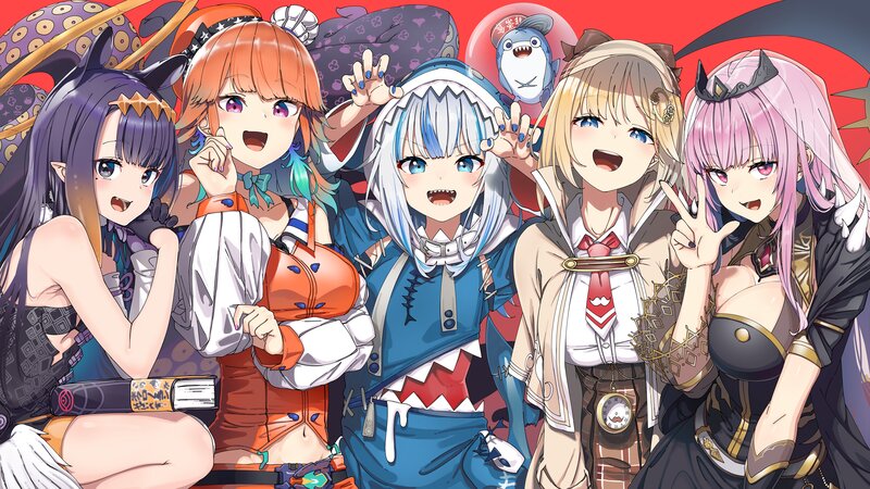 Five Anime Girls Posing — Red, Playful