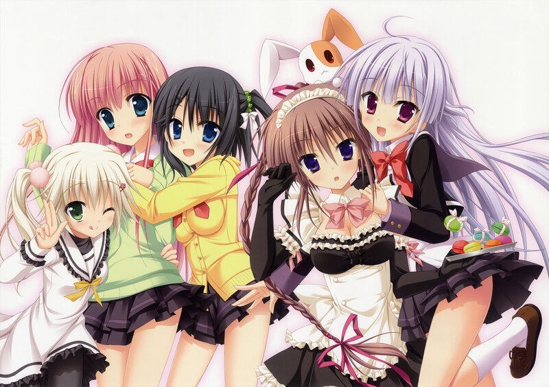 Five Anime Girls Posing — White, Cheerful
