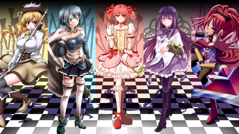 Five Anime Girls — Purple, Dramatic, Chessboard