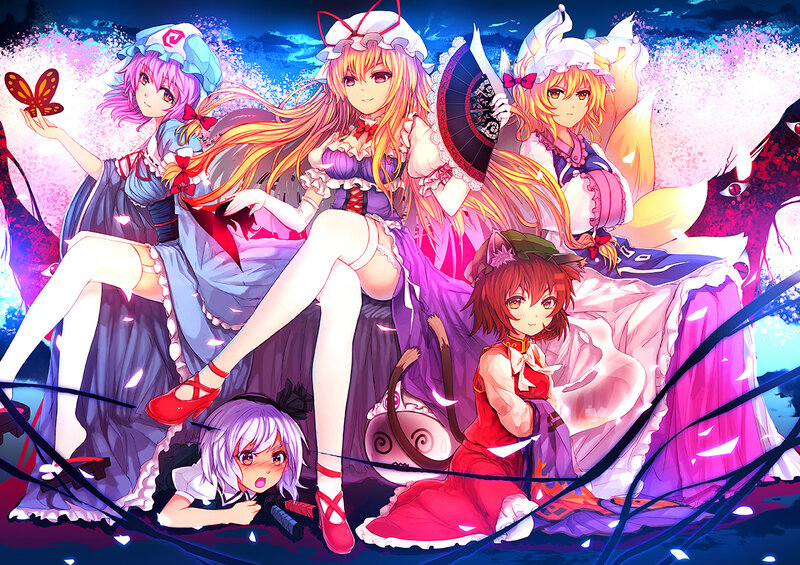 Five Anime Girls — Purple, Dramatic, Night, Butterfly