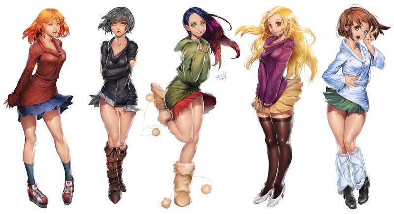 Five Anime Girls — Red, Playful, Digital Art