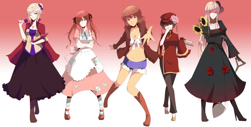 Five Anime Girls — Red, Playful, Flowers