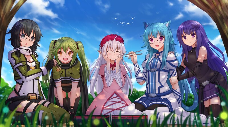 Five Anime Girls Sitting — Blue, Peaceful