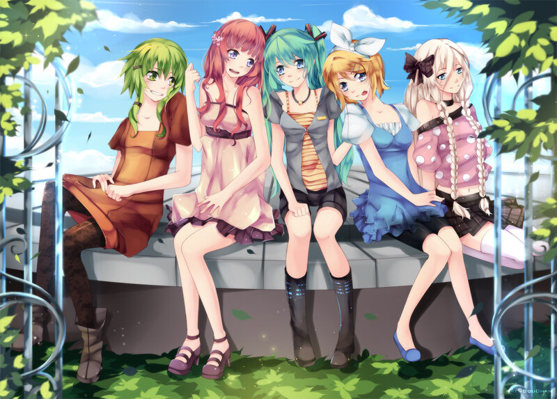 Five Anime Girls Sitting — Green, Serene