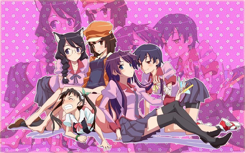 Five Anime Girls Sitting — Pink, Playful