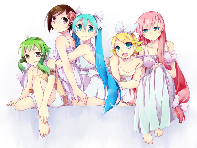 Five Anime Girls Sitting — White, Calm, Digital Art