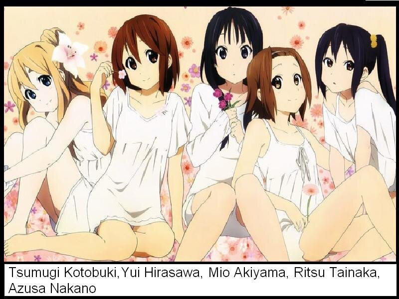 Five Anime Girls Sitting — White, Calm, Flowers