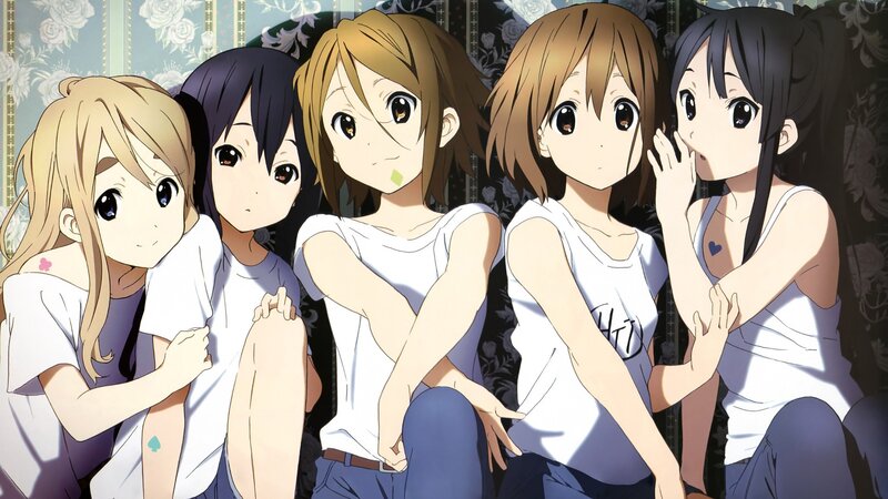 Five Anime Girls Sitting — White, Calm, T-shirts