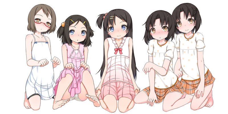 Five Anime Girls Sitting — White, Calm