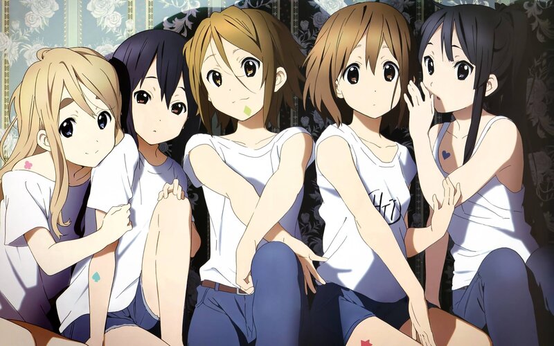 Five Anime Girls Sitting — White, Casual