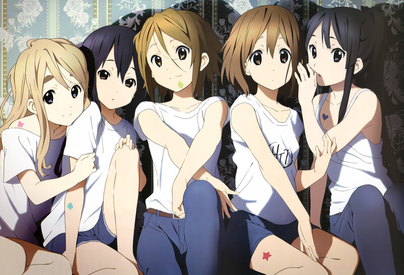 Five Anime Girls Sitting — White, Relaxed