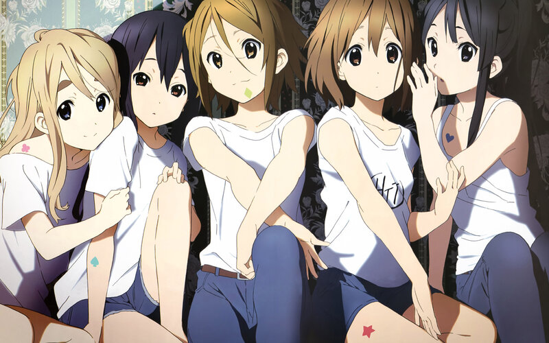 Five Anime Girls Sitting — White
