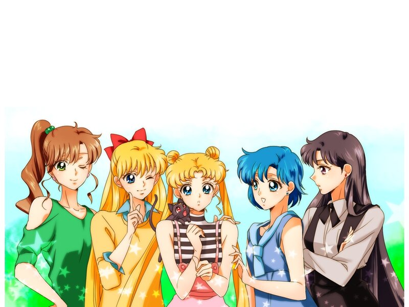 Five Anime Girls Standing — Blue, Cheerful, Cat