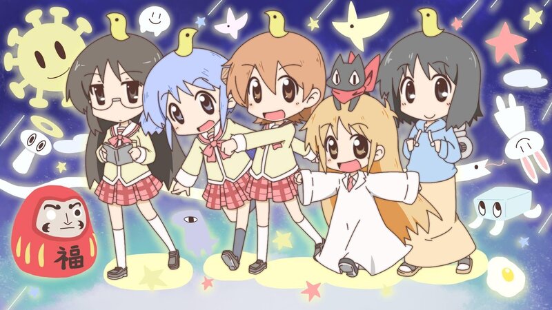 Five Anime Girls Standing — Blue, Playful