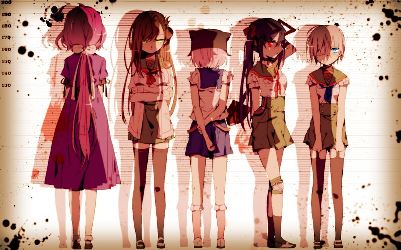 Five Anime Girls Standing — Brown, Dramatic