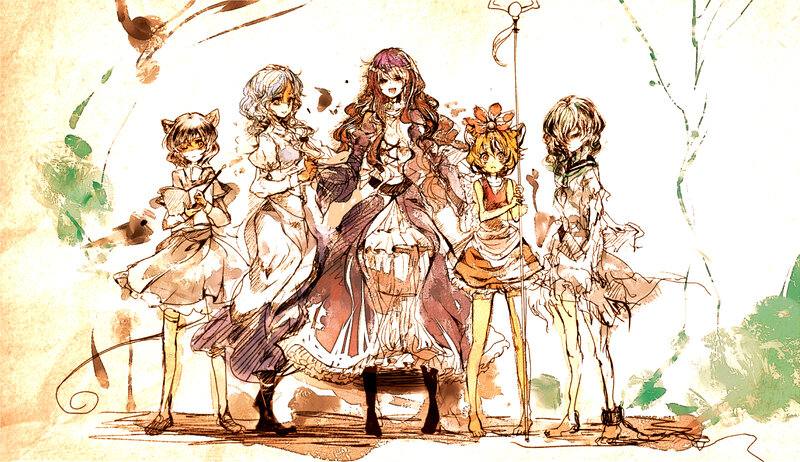 Five Anime Girls Standing — Brown
