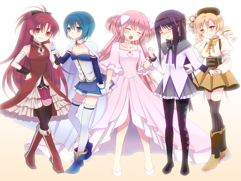 Five Anime Girls Standing — Pink, Cheerful