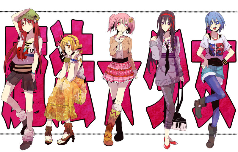 Five Anime Girls Standing — Pink, Playful