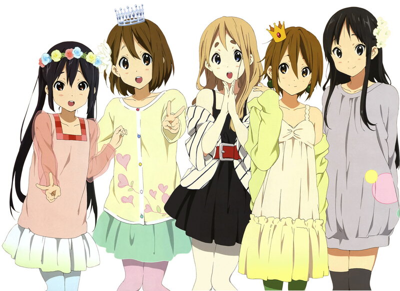 Five Anime Girls Standing — White, Happy
