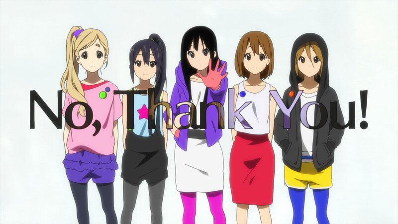 Five Anime Girls Standing — White, Neutral, Text Overlay