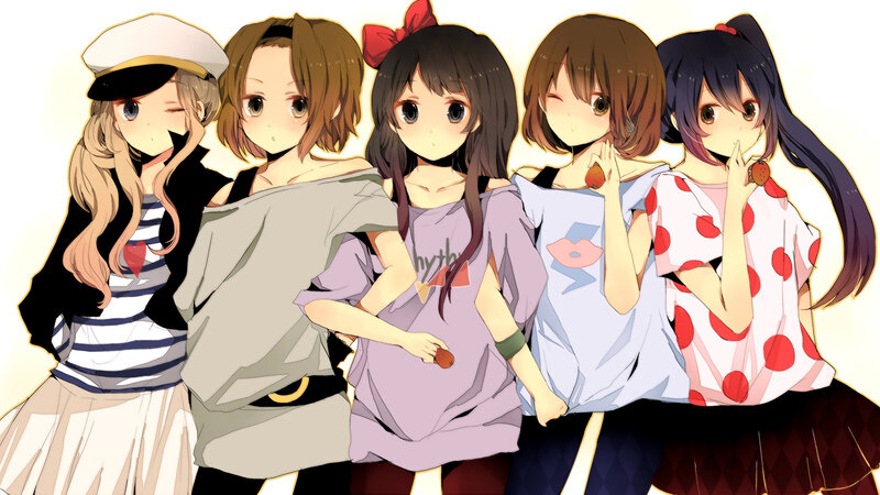 Five Anime Girls Standing — White, Playful