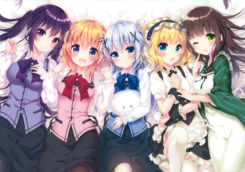 Five Anime Girls Together — White, Cheerful, Cat