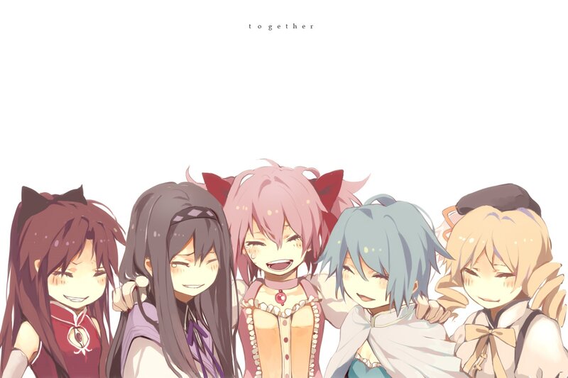 Five Anime Girls Together — White, Happy