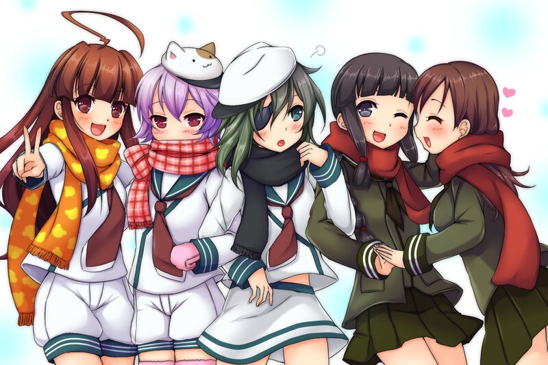 Five Anime Girls Together — White, Happy, Winter