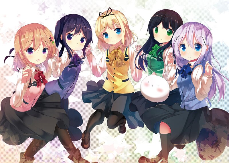 Five Anime Girls — White, Playful, School Uniforms, Cat