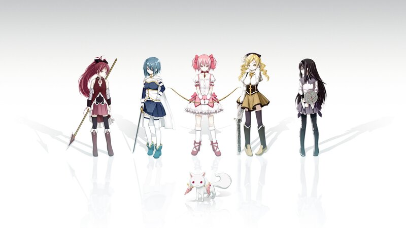 Five Anime Girls with a Cat — White