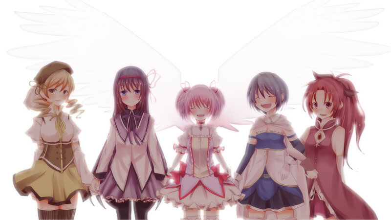 five anime girls with angel wings
