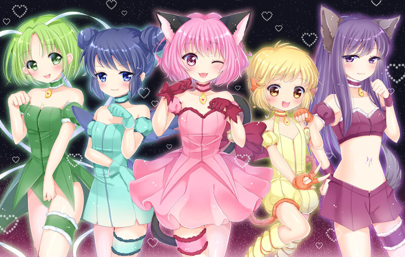 Five Anime Girls with Animal Ears — Pink, Playful