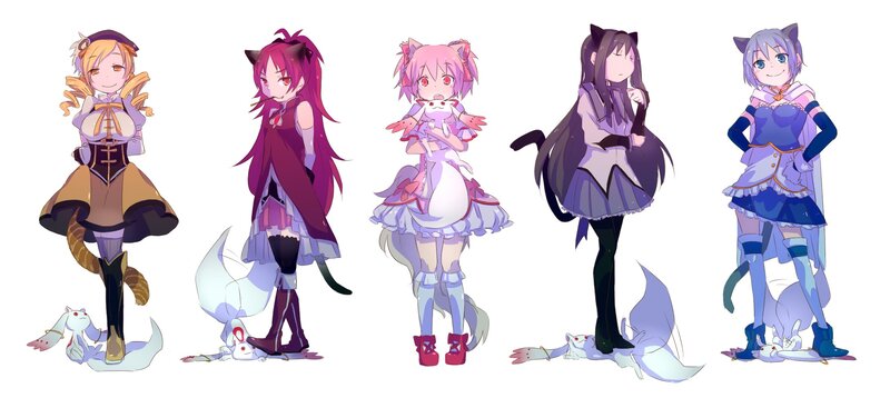 five anime girls with animal ears
